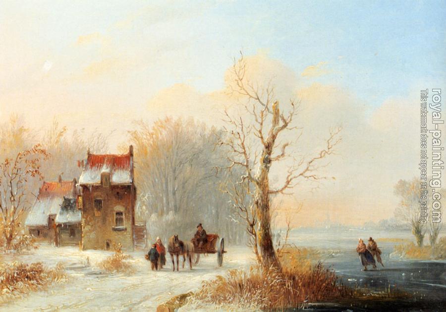 Jacobus Van Der Stok : A Winter Landscape With Skaters On A Frozen Waterway And A Horse drawn Cart